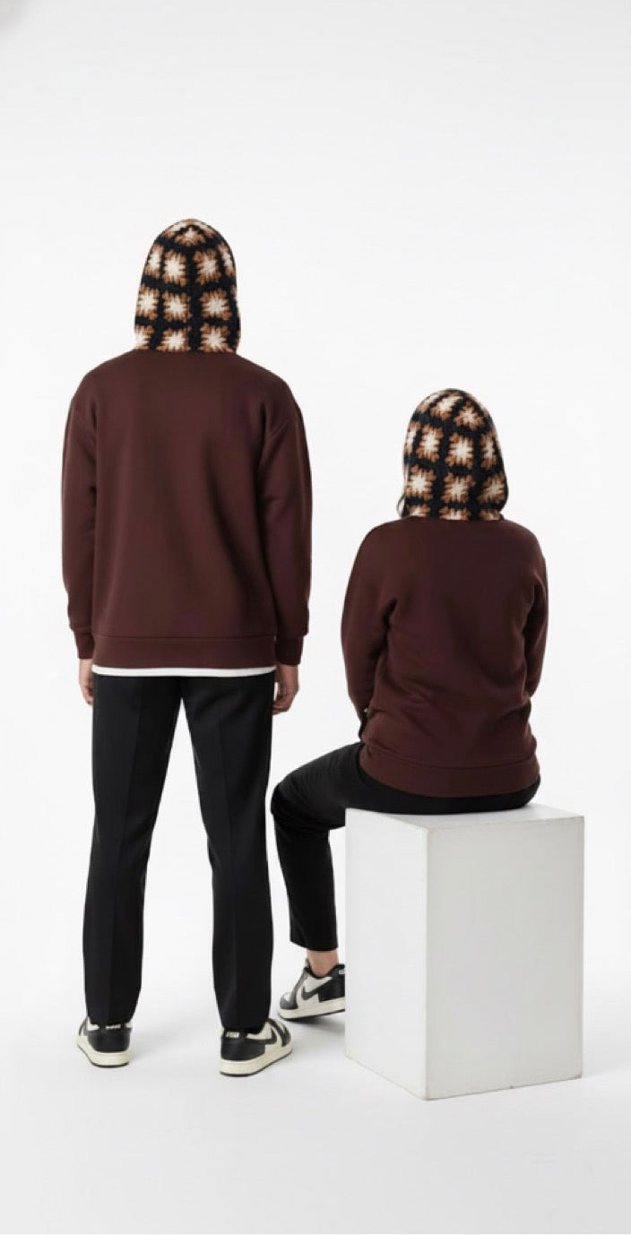 Dark brown Crochet Hoodie (Coffee, White & Dark Brown — Flower Design)