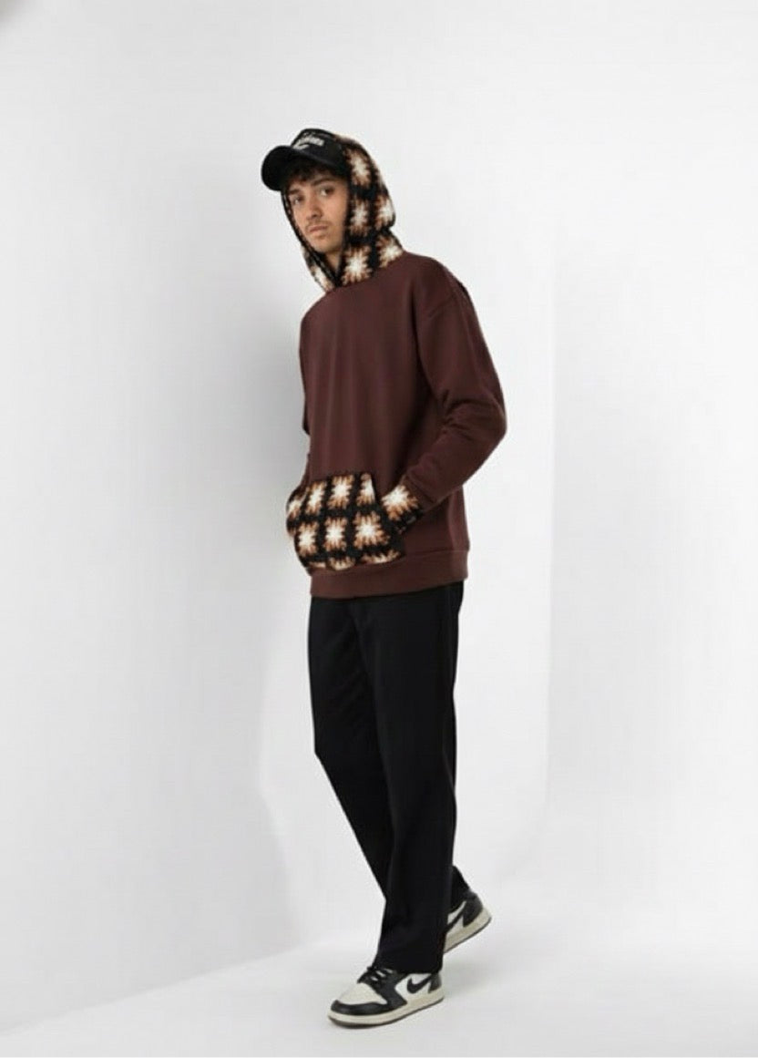 Dark brown Crochet Hoodie (Coffee, White & Dark Brown — Flower Design)