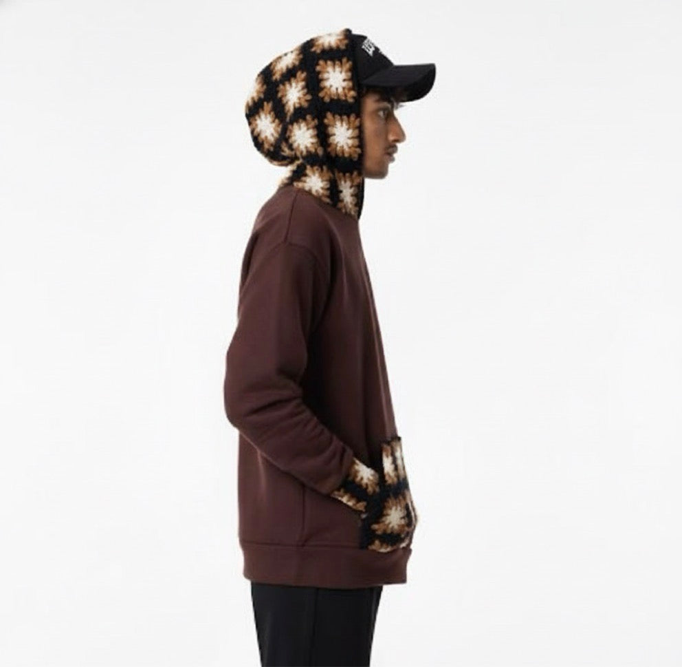 Dark brown Crochet Hoodie (Coffee, White & Dark Brown — Flower Design)