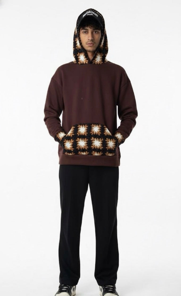 Dark brown Crochet Hoodie (Coffee, White & Dark Brown — Flower Design)