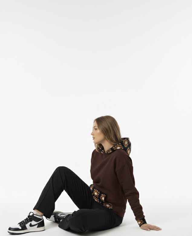 Dark brown Crochet Hoodie (Coffee, White & Dark Brown — Flower Design)